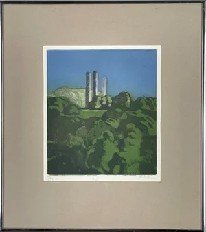 Circa 1960 "NJ" Woodcut Print by Linda Plotkin, Framed