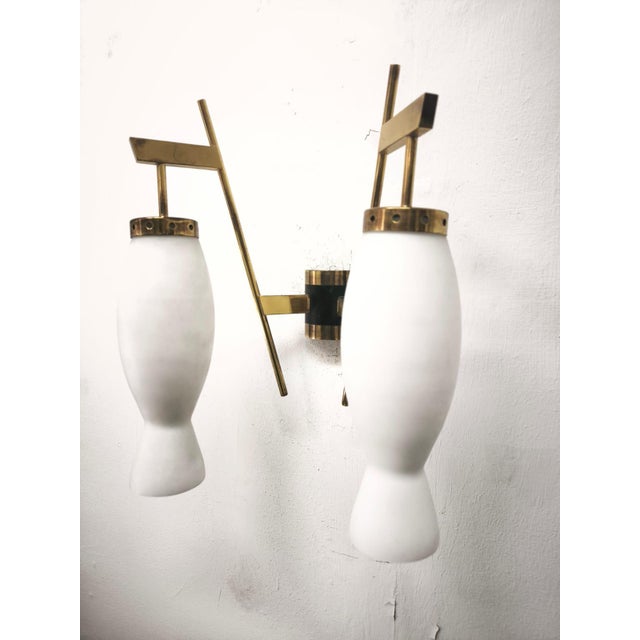 Metal Brass Wall Lamp with Double Opal Glass Light, 1960s For Sale - Image 7 of 14