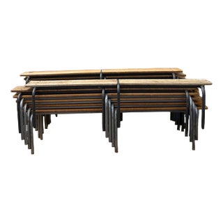 Vintage French Mullca Long Slatted Grey Tone Bench, 1960s For Sale