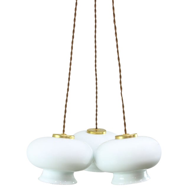 Mid-Century Italian Opaline Glass and Brass Pendant Lamp, Set of 3 For Sale