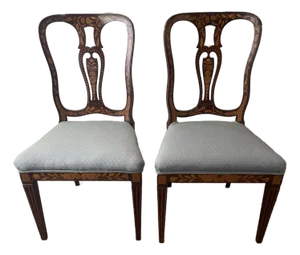 Pair of Antique Dutch Marquetry Side Chairs With Elaborate Floral Decorations