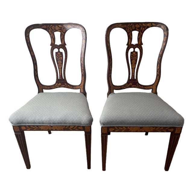 Pair of Antique Marquetry Side Chairs With Elaborate Floral Decorations For Sale