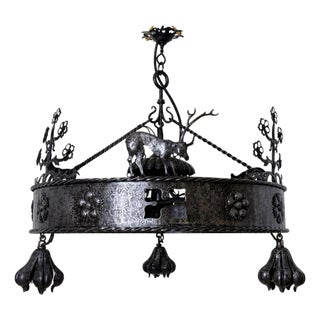 Hand-Forged Animal Motif Iron Chandelier, 1920 For Sale