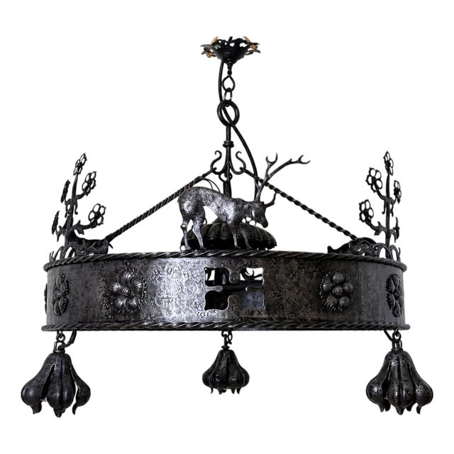 Hand-Forged Animal Motif Iron Chandelier, 1920 For Sale