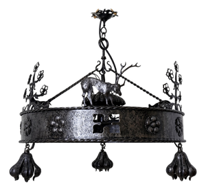 Hand-Forged Animal Motif Iron Chandelier, 1920