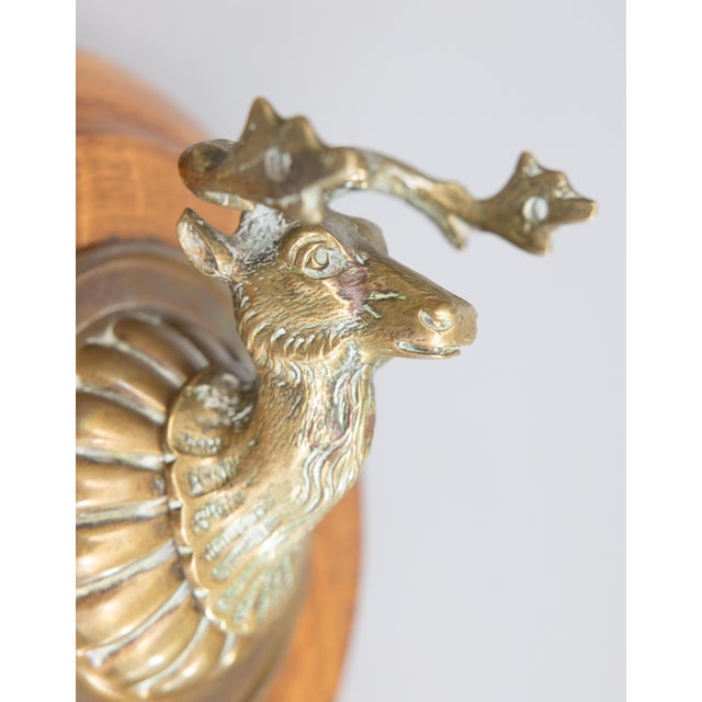Antique English Brass Stag Elk Wall Mount on Oak Plaque For Sale In Houston - Image 6 of 7