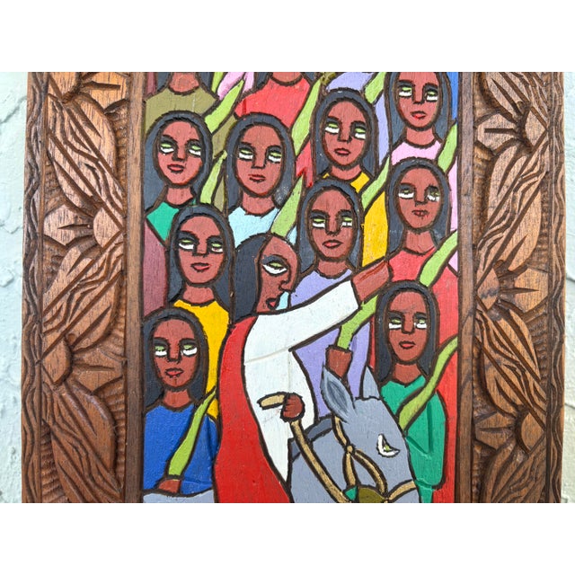 1980s 1987 Chilean Hand-Carved & Painted Folk Art Religious Wall Panel Signed F. Andrade For Sale - Image 5 of 11