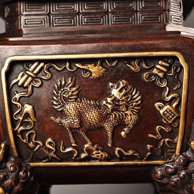 Bronze Late 20th Century Gilt Bronze Hexagonal Incense Burner With Qilin and Dragon Motifs For Sale - Image 8 of 10