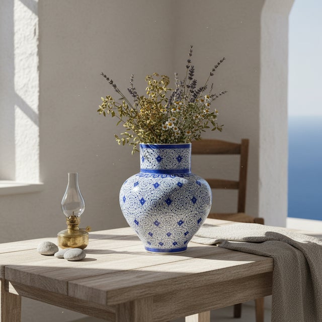Ceramic Handmade Ceramic Large Iznik Vase Monumental Size Blue and White Golden Horn (Halic) Style Scroll Pattern For Sale - Image 7 of 10