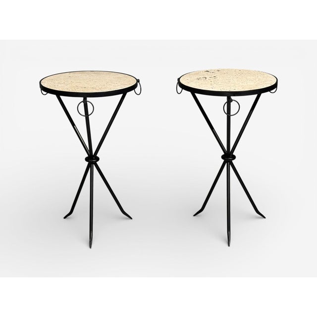 Mid-Century Modern Jean-Michel Frank Style, Side Tables, Iron, Travertine, 20th C. For Sale - Image 3 of 10