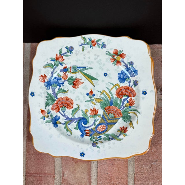 Set of 6 vintage Crown Ducal Ware lunch / salad plates from England features a blue and orange bird design with cornucopia...
