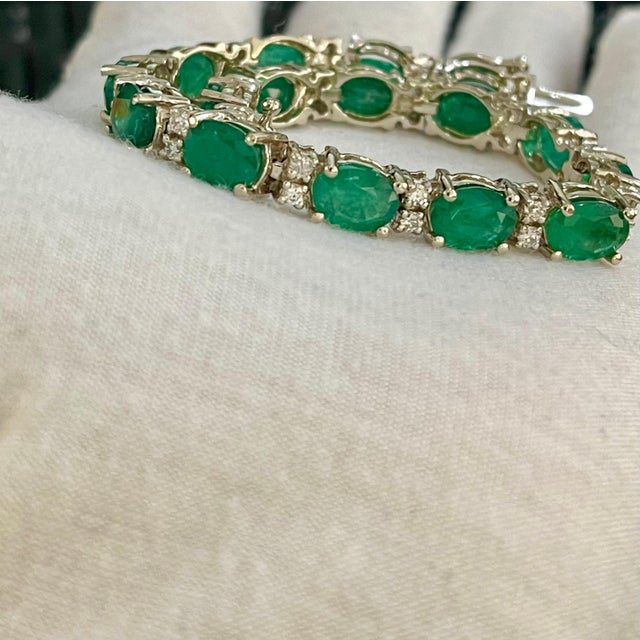 Approximately 23 Carat Natural Zambian Emerald & Approximately 1.6 Ct Diamond Tennis Bracelet 14 Karat Yellow Gold This...