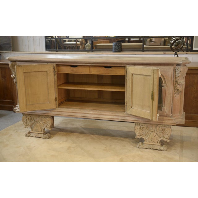 Wood Large 4-Door Sideboard in Cerused Oak, Reverse-Painted Mirror and Leather, 1950s For Sale - Image 7 of 16