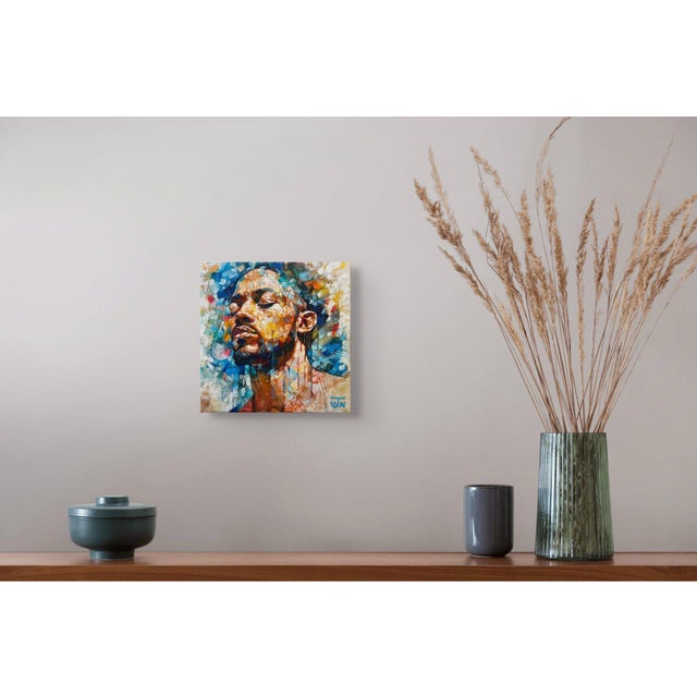 Early 21st Century Halo of Comfort by Jon Wassom | Mixed media on canvas portrait of a man with a serene expression For Sale - Image 5 of 5