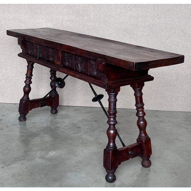 Wood 19th Spanish Console Table With Two Carved Drawers and Original Hardware For Sale - Image 7 of 11