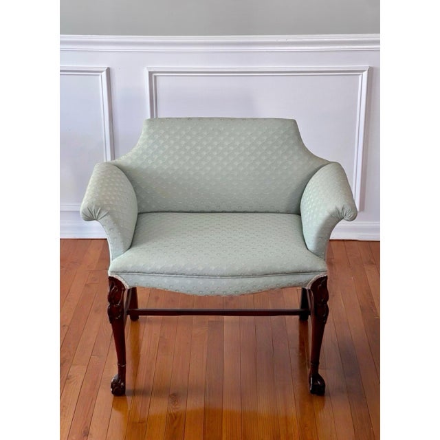 Wood Georgian Carved Mahogany Upholstered Vanity Bench, Celadon Blue, Early 20th Century For Sale - Image 7 of 18