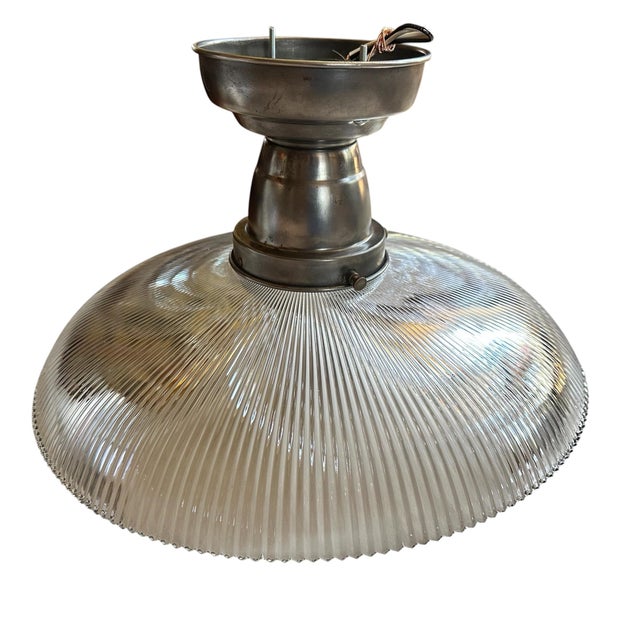 American 1930s Large Pagoda Shape and Stamped Holophane Shade on Old Nickel Plated Flushmount Holder For Sale - Image 3 of 7