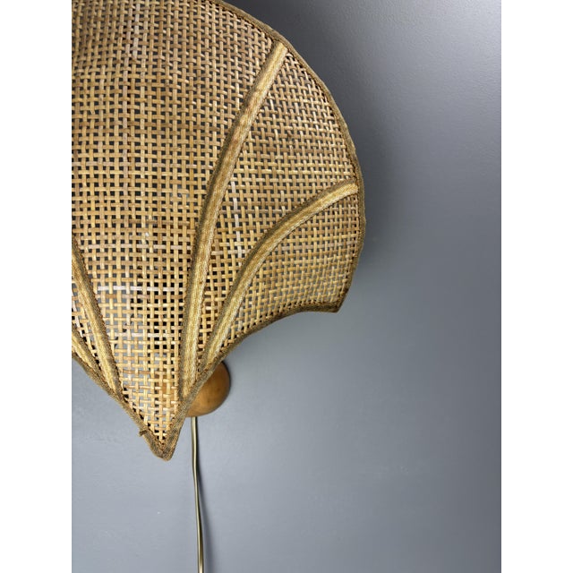 Tan Vintage Italian Rattan Wicker Pine and Brass Scallop Wall Sconces, 1970s, Set of 2 For Sale - Image 8 of 18