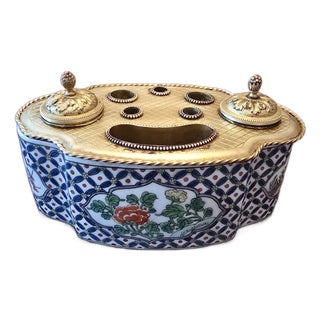 1910s Pre Mid Century Jewel Box Inkwell Bronze Porcelain For Sale