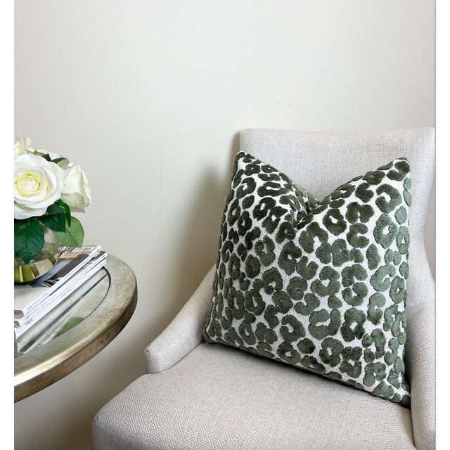 Modern Rosemary Green Leopard 20x20 Velvet Throw Pillow With Feather Down Insert For Sale - Image 3 of 6