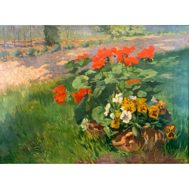 Vibrant red geraniums take center stage in this early 20th century still life. The viewer can imagine a peaceful stroll on...