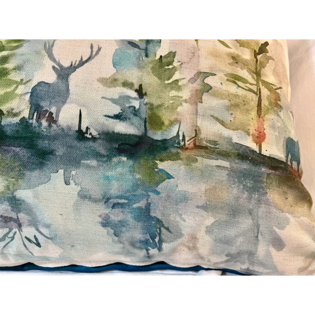 2020s Large Bolster Pillow Decorated With a Serene Water Color Look Forest, Deer and Reflective Lake Scene - Made in the U K For Sale - Image 5 of 12