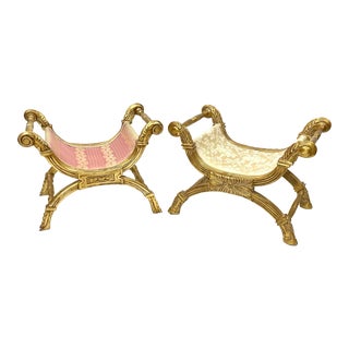 Pair 20th Century French Carved Gilt Wood Savonarola Benches Ottomans Stools For Sale