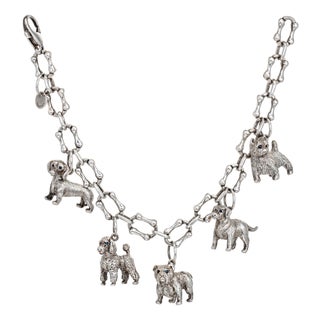 80s Vintage Tiffany & Co Dog Charm Bracelet Bone Links Sterling Silver 7.5" For Sale