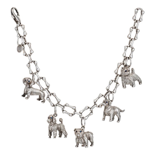 80s Vintage Tiffany & Co Dog Charm Bracelet Bone Links Sterling Silver 7.5" For Sale