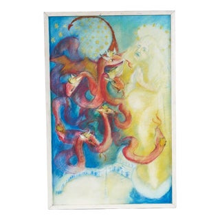 Unknown, Fresco with Dragons and Mythological Figures, 2000s, Pastels on Canvas For Sale