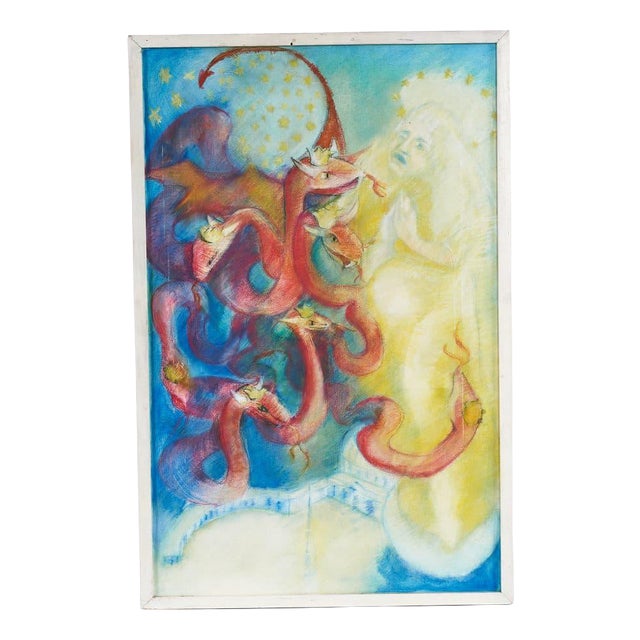 Unknown, Fresco with Dragons and Mythological Figures, 2000s, Pastels on Canvas For Sale