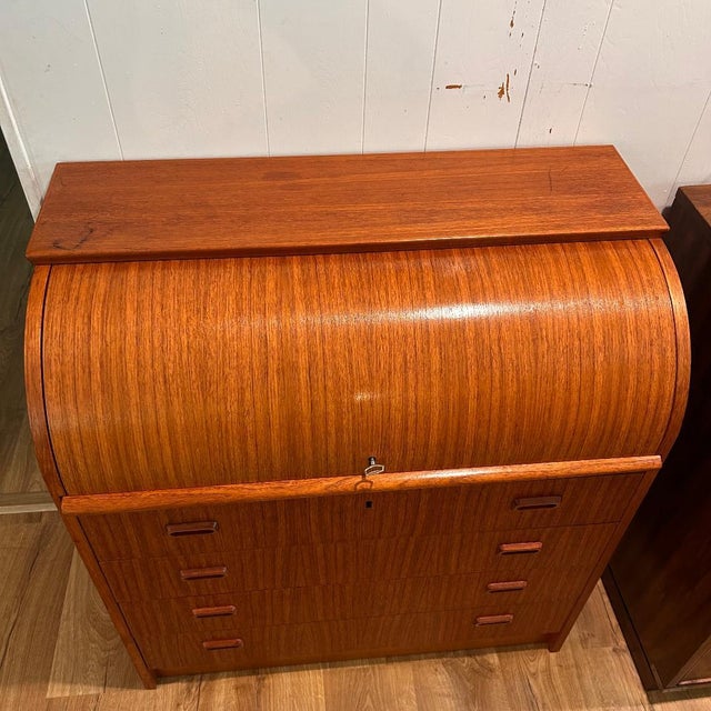 Mid 20th Century Mid Century Danish Teak Roll Top Secretary Desk With Original Key For Sale - Image 5 of 5
