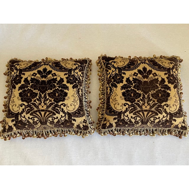 Reduced-Vintage 22” Italian Fortuny Velvet Feather Down Pillows Pair For Sale - Image 4 of 7