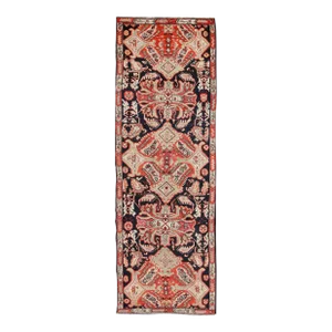 Early 20th Century Antique Caucasian Karabagh Runner in Black Background Orange Green & Salmon