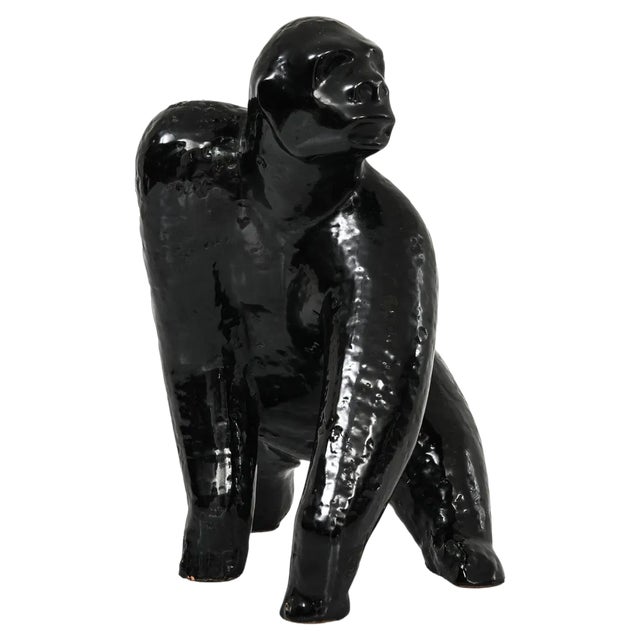 Gorilla Sculpture in Black Glazed Ceramic, 1960s For Sale