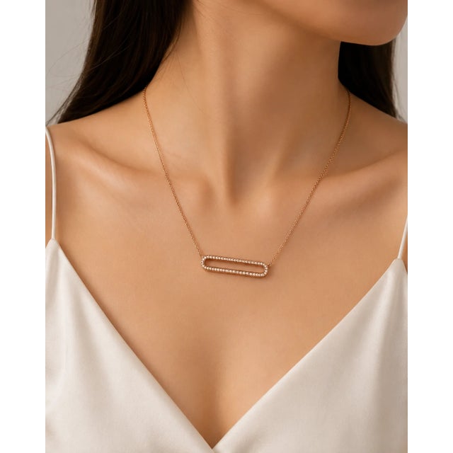 Modern 14K Rose Pink Gold Champagne Diamond Lariat Bar Pendant Necklace For Sale - Image 3 of 3