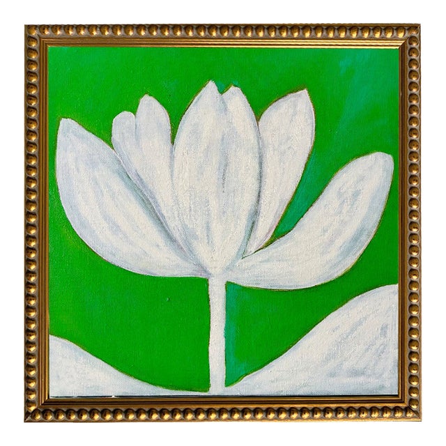 Original Framed Floral Tulip Painting, Green Floral Wall Art, Oil on Canvas in Gold Frame, 13x13 by Tatiana Duperault For Sale