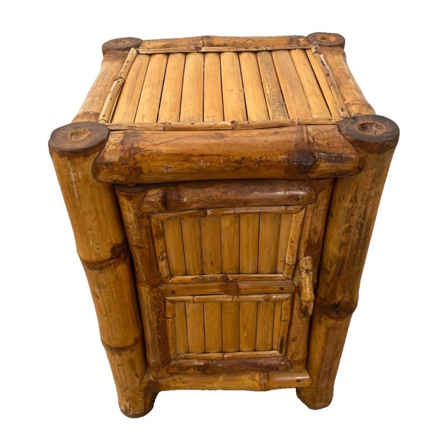 1960s 1960s Mid Century Nightstand Cabinet With Shelf Elephant Bamboo Wicker Tiki Style For Sale - Image 5 of 12