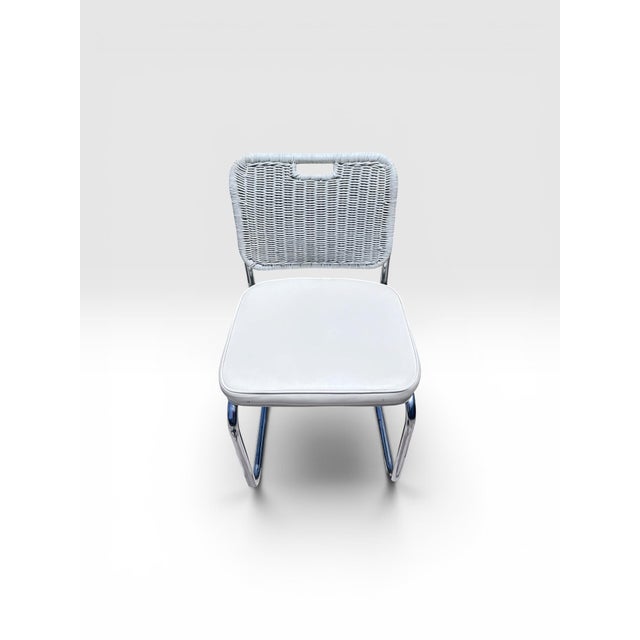Vintage Set of Four Chrome Cantilever Dining Chairs With White Woven Rattan Backs For Sale - Image 10 of 11