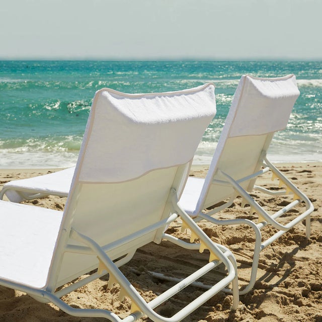 Transitional Ducap Lounge Chair Cover, White with Linen Piping For Sale - Image 3 of 5