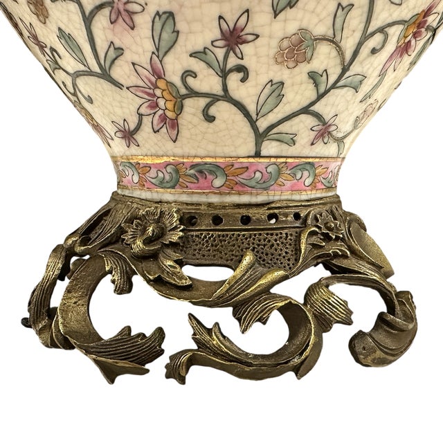 Late 20th Century Vintage French Sevres Style Porcelain Urn Vase With Foliate Bronze Handles & Base For Sale - Image 5 of 8