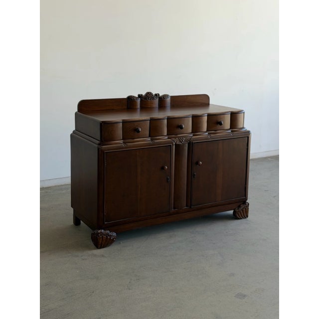 Art Deco Vintage Carved Oak Server Buffet For Sale - Image 3 of 16