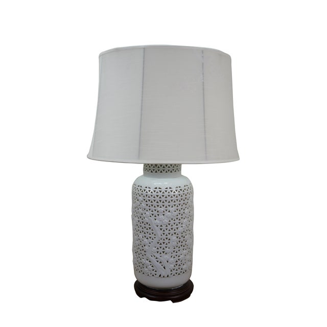 Japanese Set of 2 Vintage Kabuki Blanc De Chine Reticulated Japanese Porcelain Cherry Blossoms Lamps For Sale - Image 3 of 14