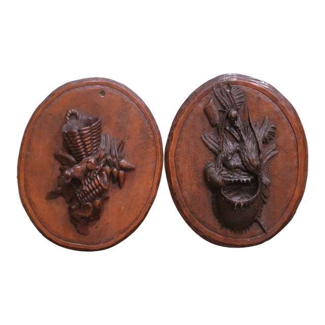 Pair of 19th Century French Black Forest Carved Walnut Game and Harvest Wall Plaques For Sale
