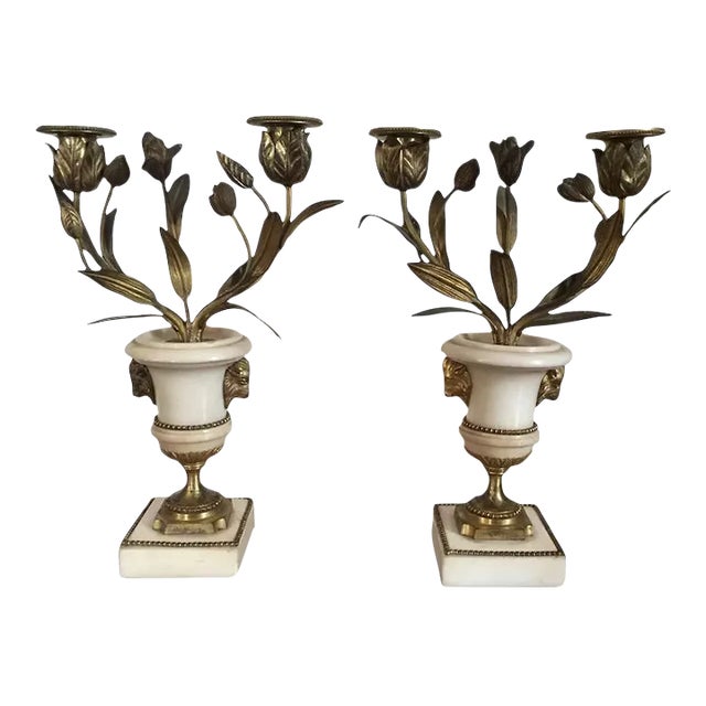 18th Century French Louis XVI Fire Gilt Bronze & White Marble Candelabra - A Pair For Sale