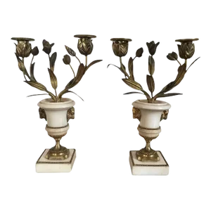 18th Century French Louis XVI Fire Gilt Bronze & White Marble Candelabra - A Pair