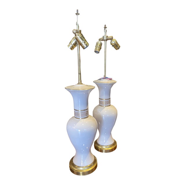 Pair of Midcentury Porcelain Lamps Greek Key Detail For Sale