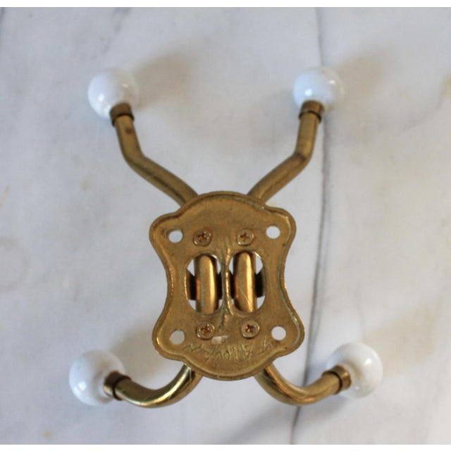 Vintage Brass and White Porcelain 4-Hook Wall Mount Coat or Hat Hanger For Sale In Milwaukee - Image 6 of 8