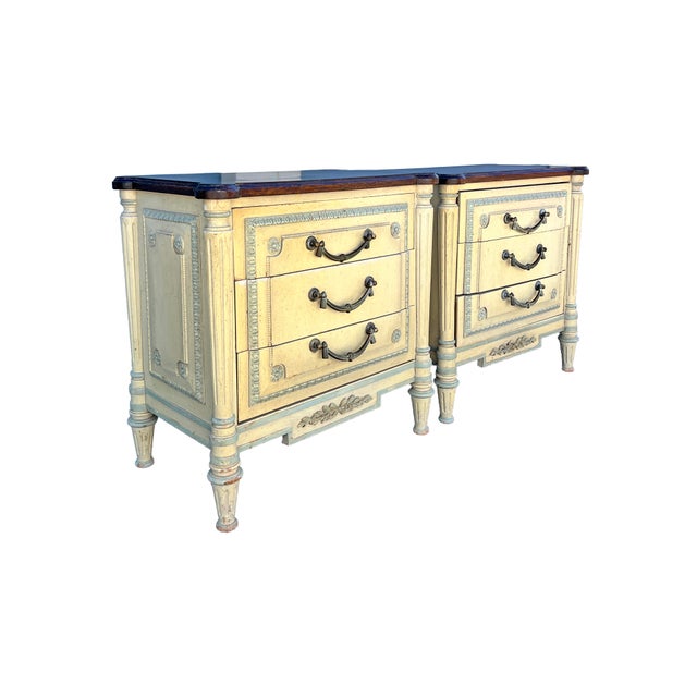 Vintage French Provincial Style Pair Nightstands or End Accent Side Tables Quality pieces these are cream and blue tones...