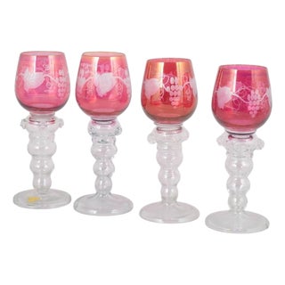 Bohemian Red Crystal Wine Glasses with Flowers and Grapes Motif, 1940s, Set of 4 For Sale